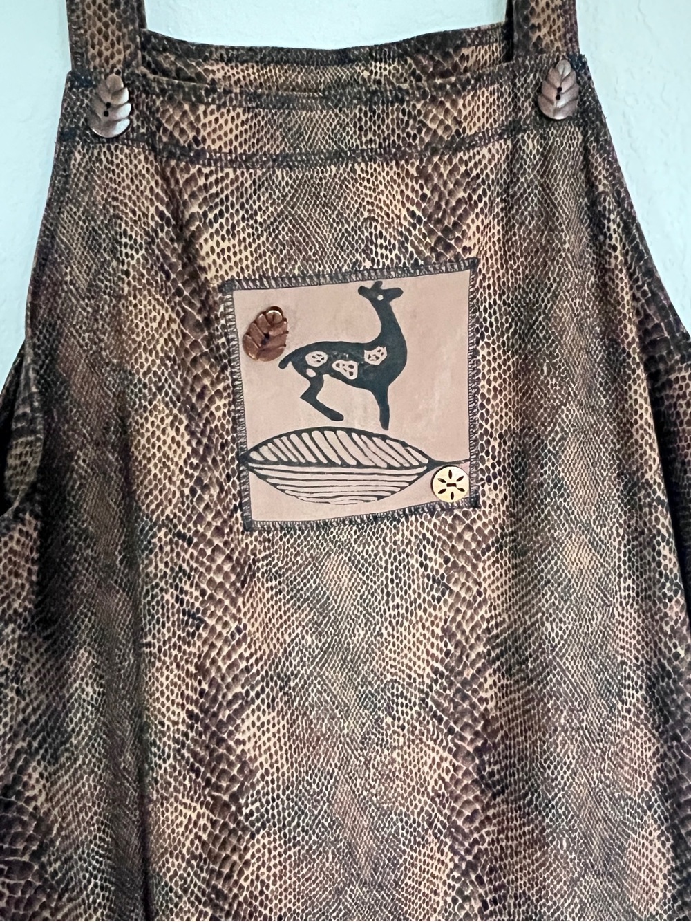 90s Nina Piccalino Maxi Jumper Dress Brown Animal Snake Print Deer Appliqué VTG - Picture 4 of 6